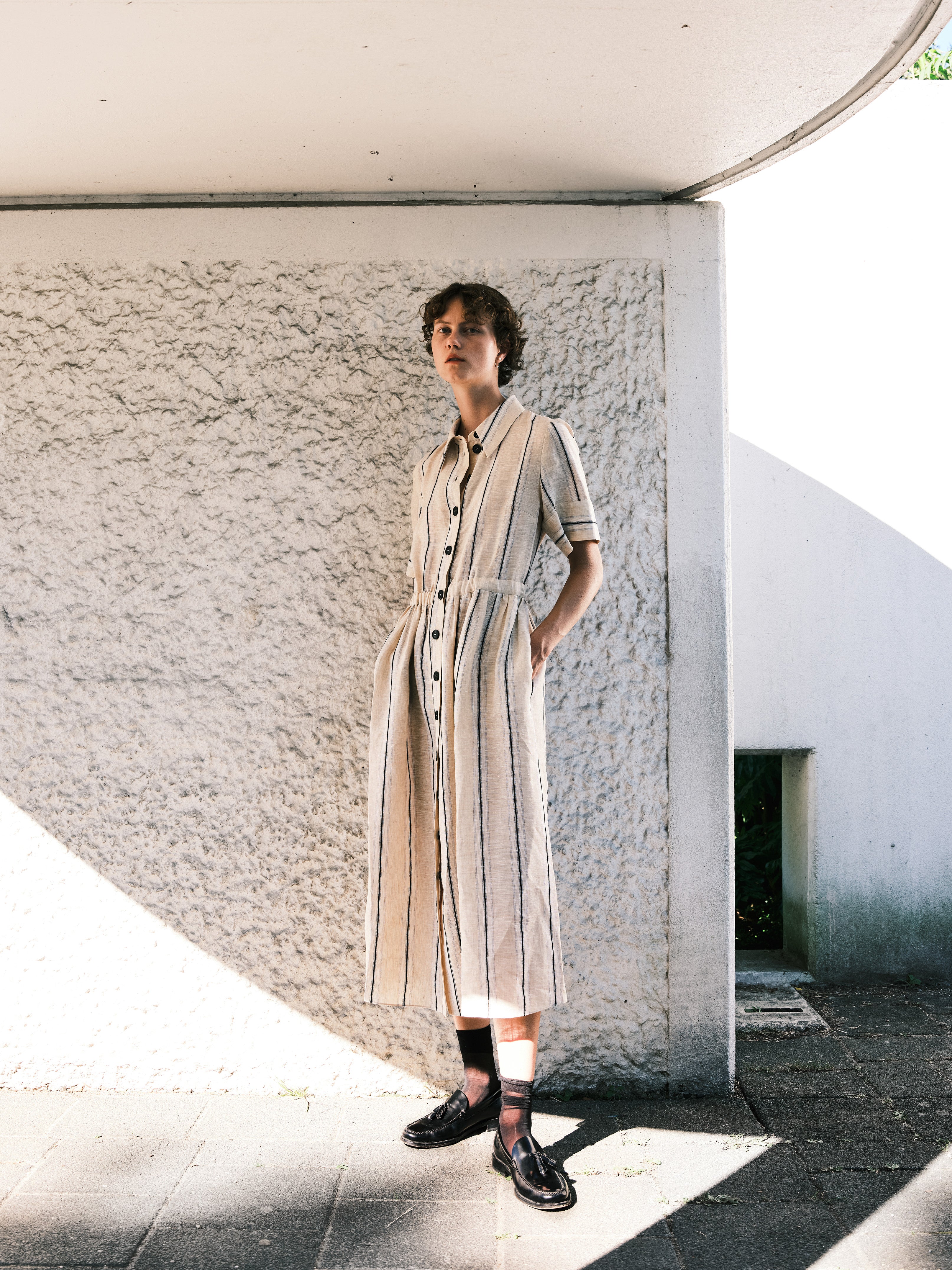 ELLA DRESS / NATURAL-WHITE-BLACK STRIPE